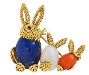 1960's Coral Lapis Lazuli Chalcedony Ruby 18 Karat Yellow Gold Vintage Bunny Rabbit Brooch