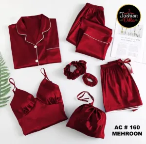 7pcs Silk Night Suit - Maroon Red