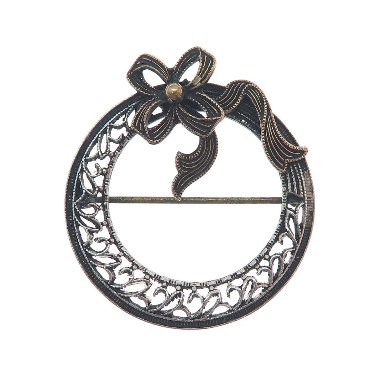 925 Sterling Silver 2-Tone Antique Art Deco Flower Bow Filigree Pin Brooch
