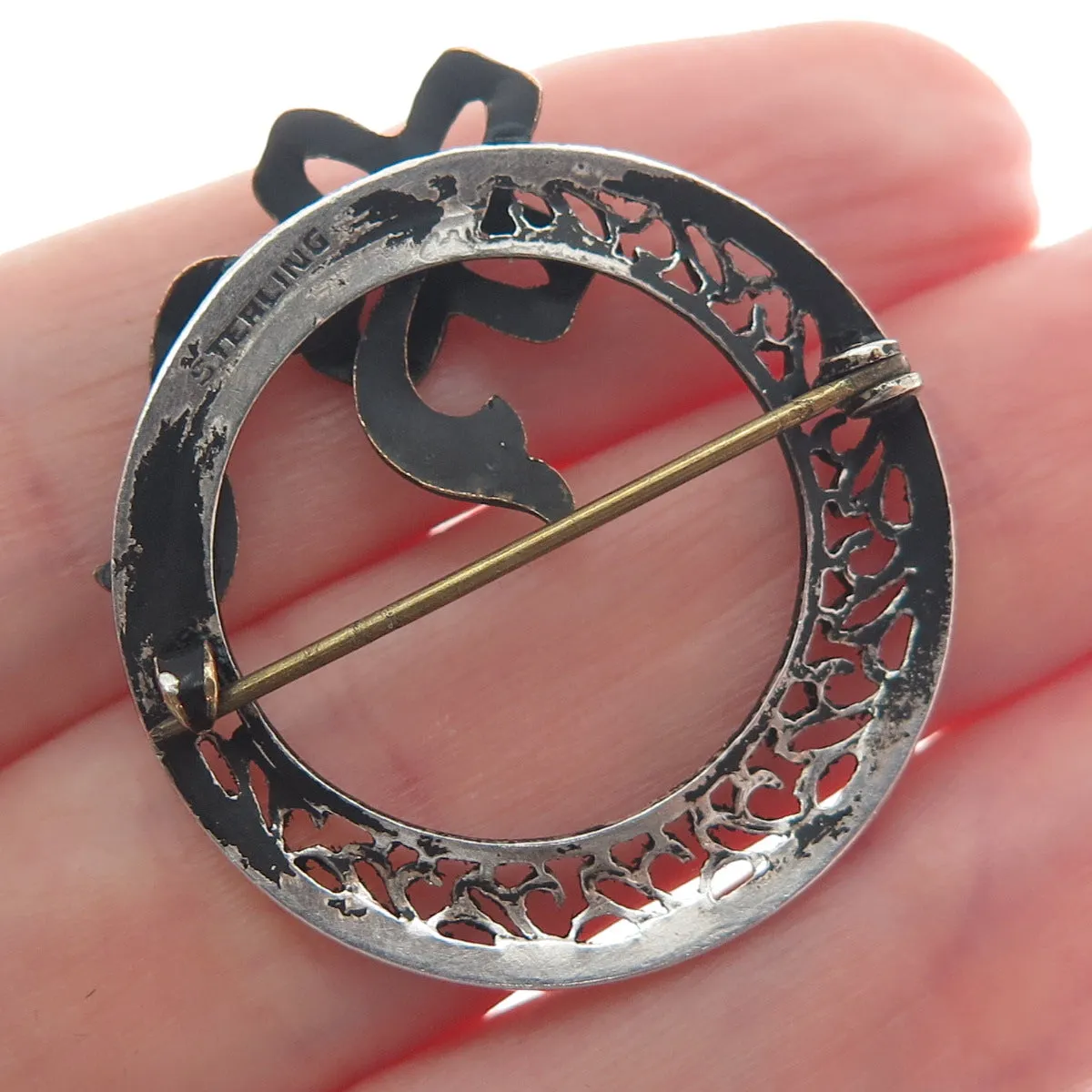 925 Sterling Silver 2-Tone Antique Art Deco Flower Bow Filigree Pin Brooch