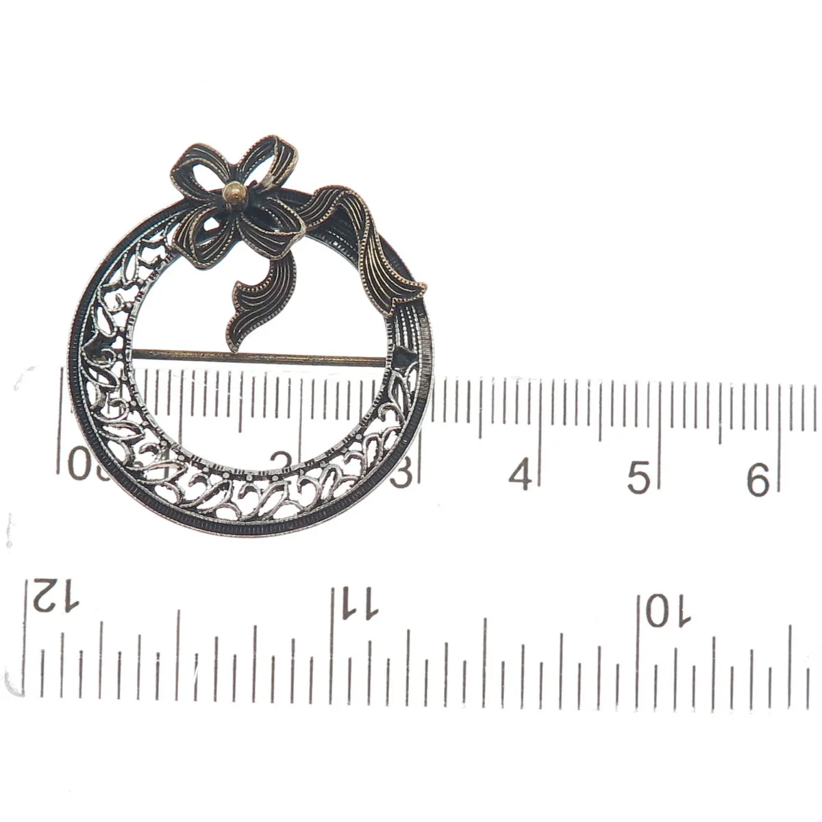 925 Sterling Silver 2-Tone Antique Art Deco Flower Bow Filigree Pin Brooch