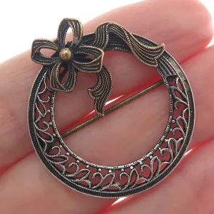 925 Sterling Silver 2-Tone Antique Art Deco Flower Bow Filigree Pin Brooch