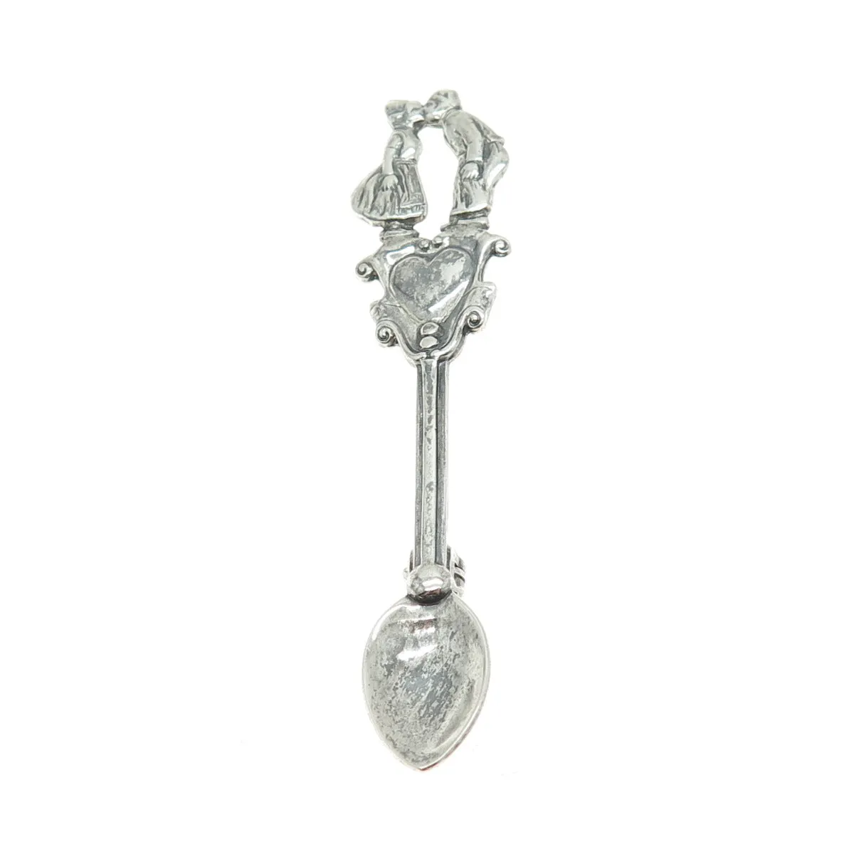 925 Sterling Silver Antique Art Deco Couple Kiss Oxidized Salt Spoon Pin Brooch