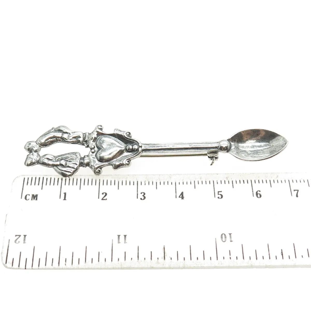 925 Sterling Silver Antique Art Deco Couple Kiss Oxidized Salt Spoon Pin Brooch