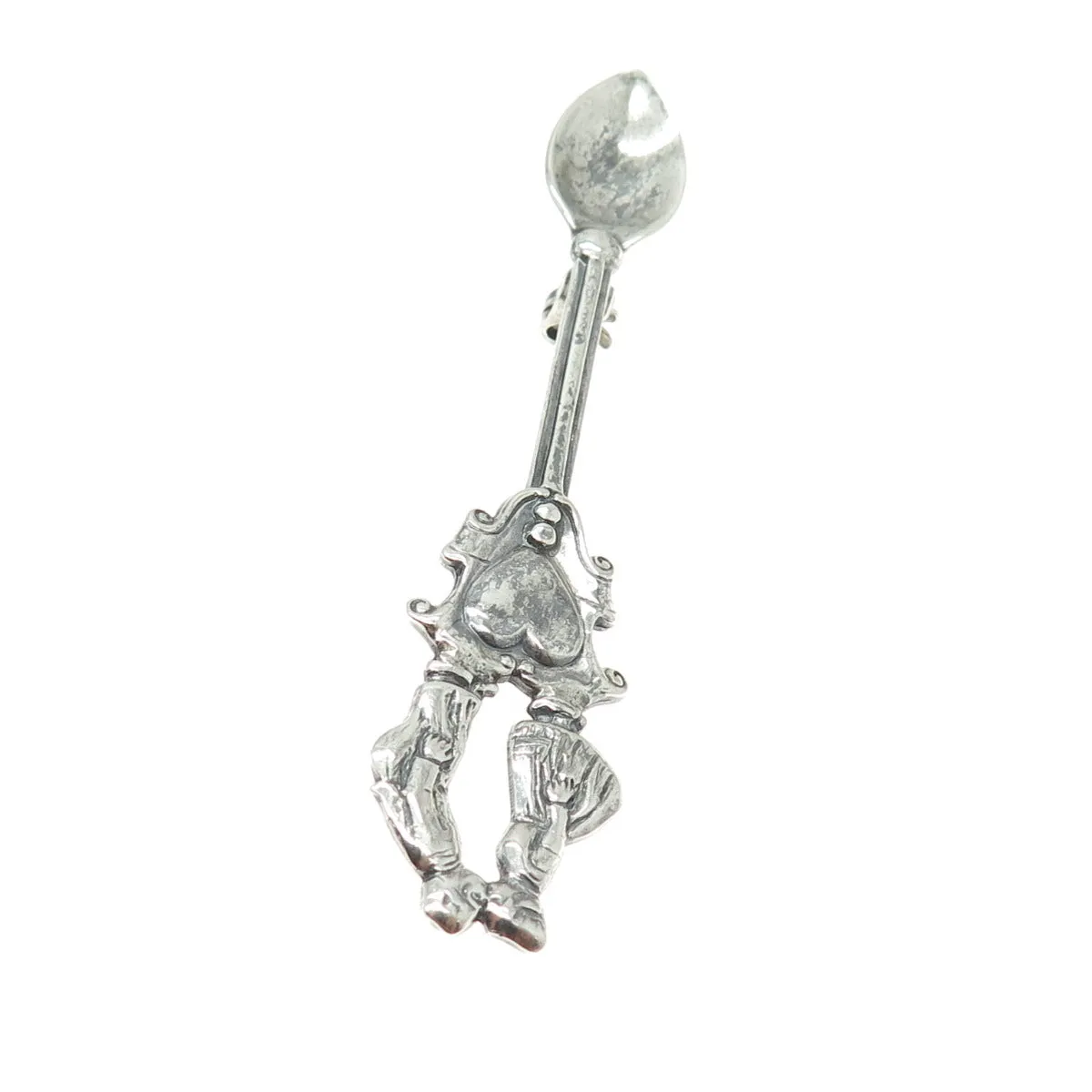 925 Sterling Silver Antique Art Deco Couple Kiss Oxidized Salt Spoon Pin Brooch