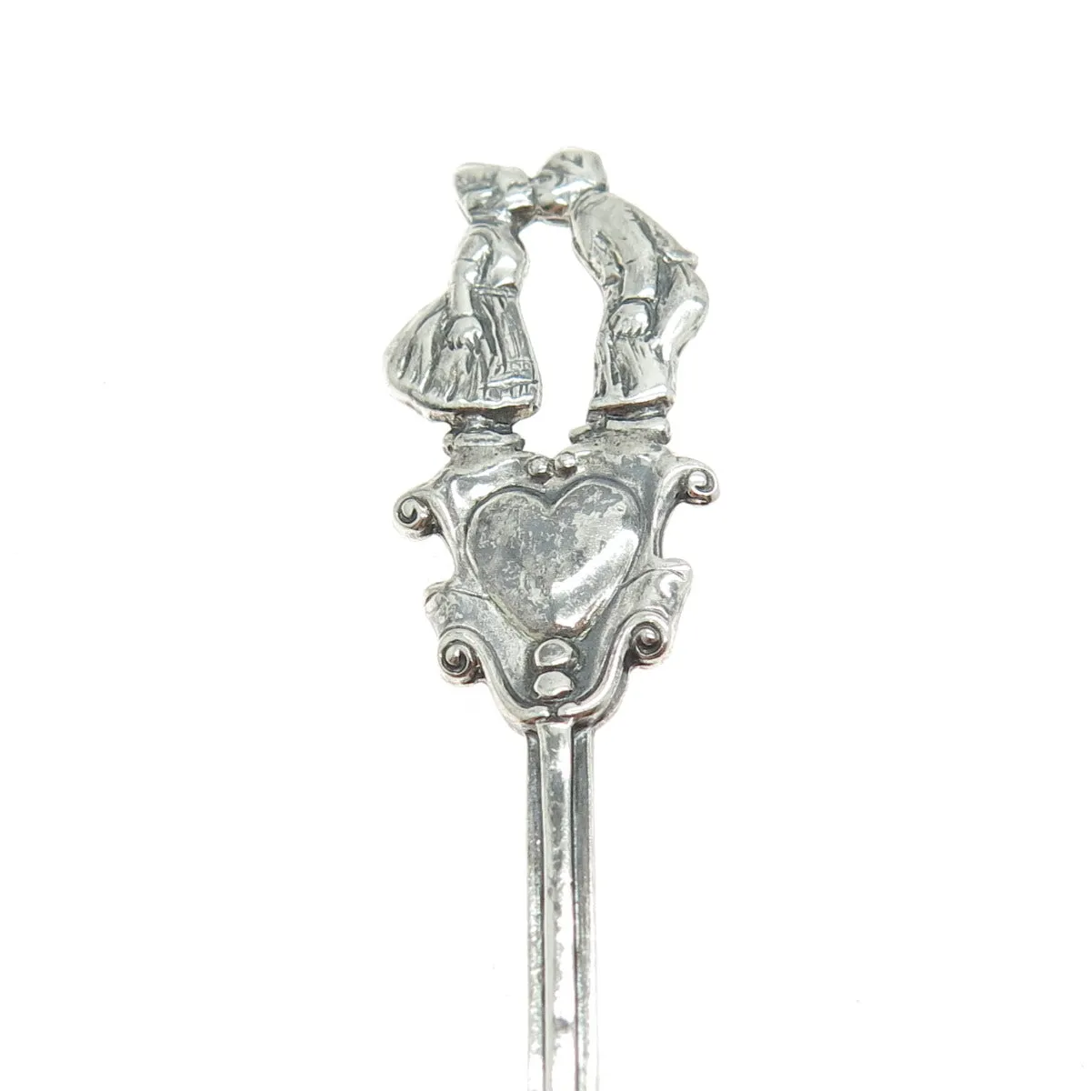 925 Sterling Silver Antique Art Deco Couple Kiss Oxidized Salt Spoon Pin Brooch