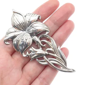 925 Sterling Silver Antique Art Deco Lily Flower Repousse Oxidized Pin Brooch