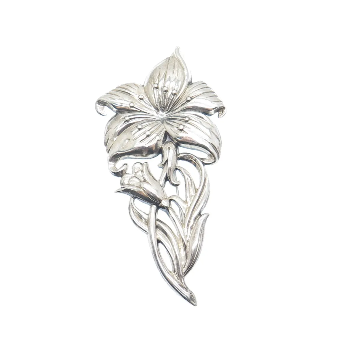 925 Sterling Silver Antique Art Deco Lily Flower Repousse Oxidized Pin Brooch
