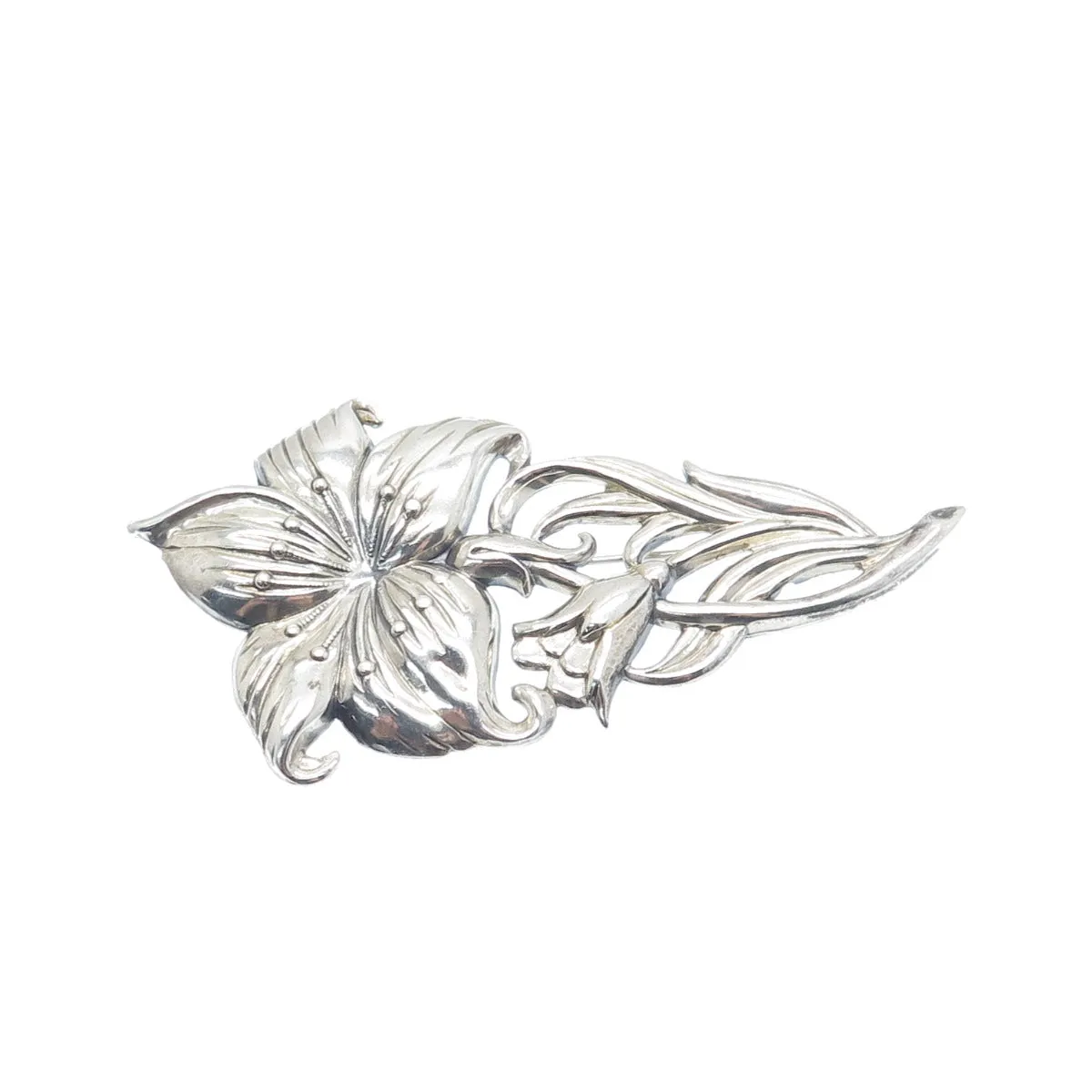 925 Sterling Silver Antique Art Deco Lily Flower Repousse Oxidized Pin Brooch