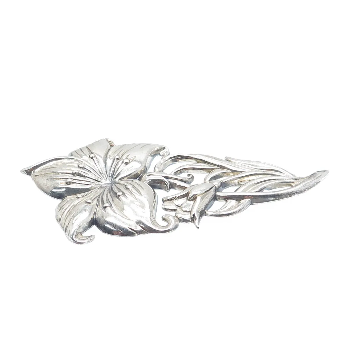 925 Sterling Silver Antique Art Deco Lily Flower Repousse Oxidized Pin Brooch