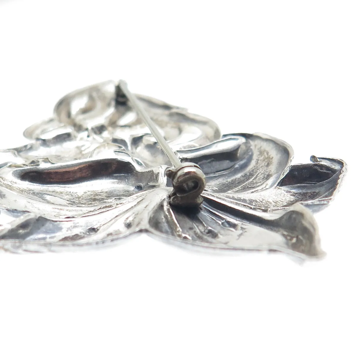 925 Sterling Silver Antique Art Deco Lily Flower Repousse Oxidized Pin Brooch