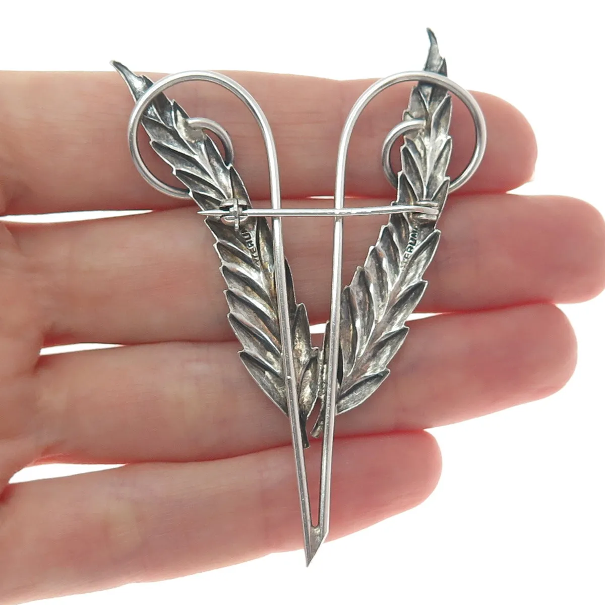 925 Sterling Silver Antique Art Deco Wheat Floral Oxidized Pin Brooch