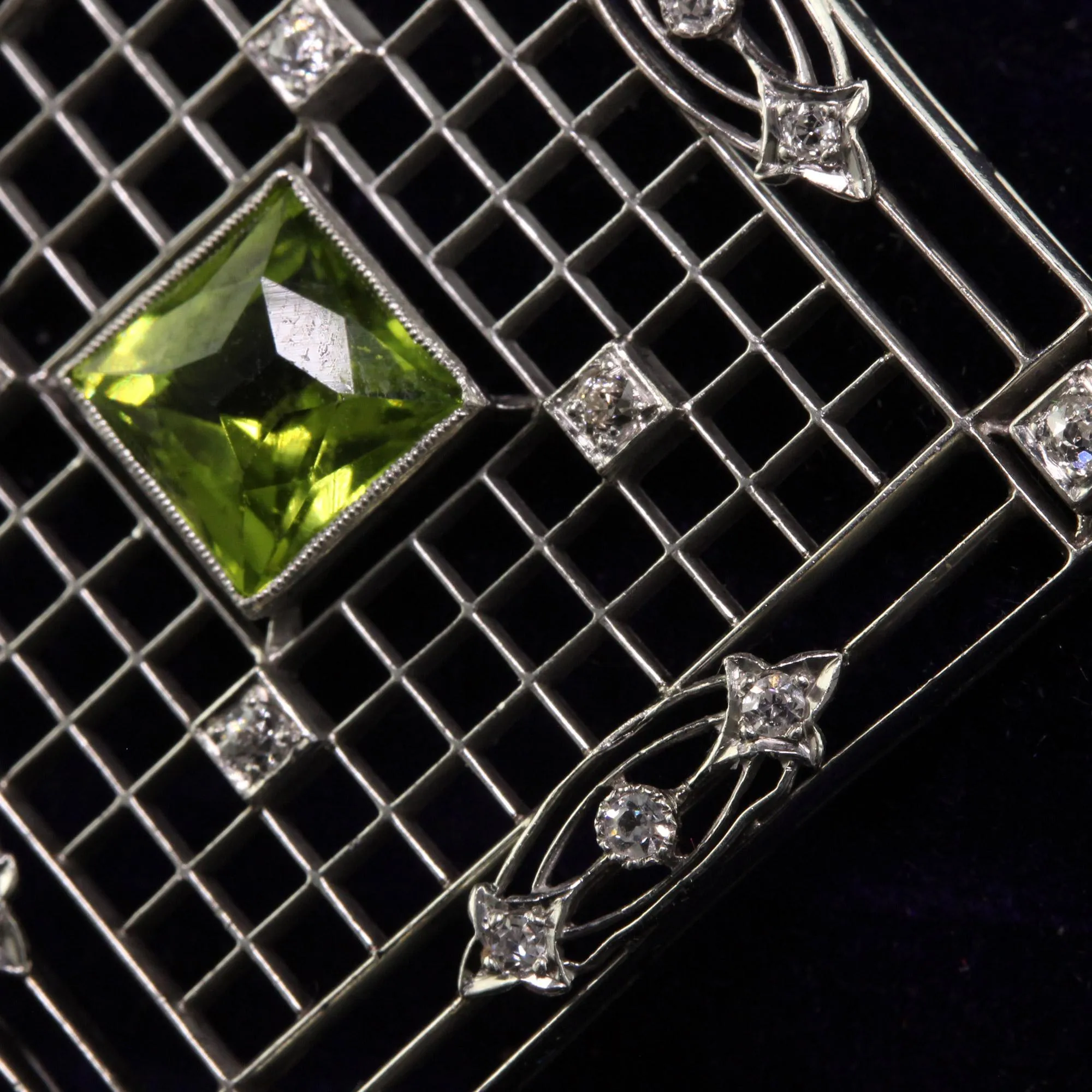 Antique Art Deco Shreve and Co Platinum French Cut Peridot Diamond Filigree Pin