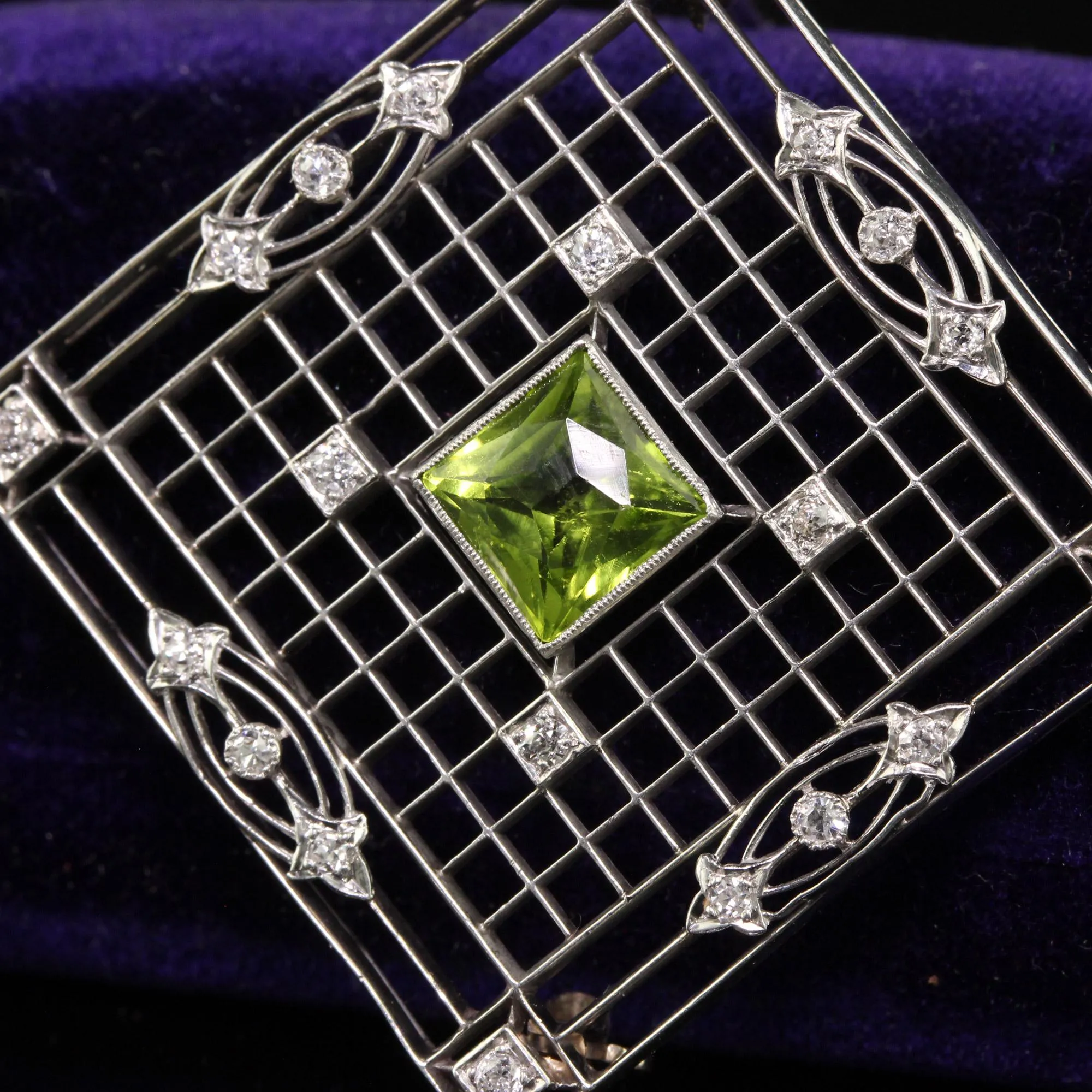 Antique Art Deco Shreve and Co Platinum French Cut Peridot Diamond Filigree Pin
