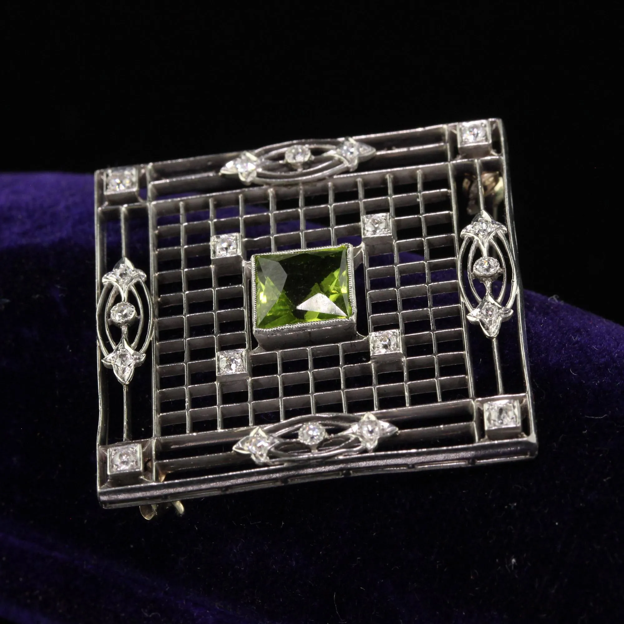 Antique Art Deco Shreve and Co Platinum French Cut Peridot Diamond Filigree Pin
