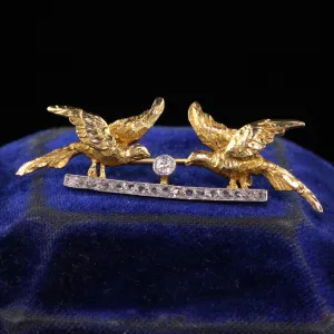 Antique Edwardian 18K Yellow Gold Platinum Top Rose Cut Double Bird Pin