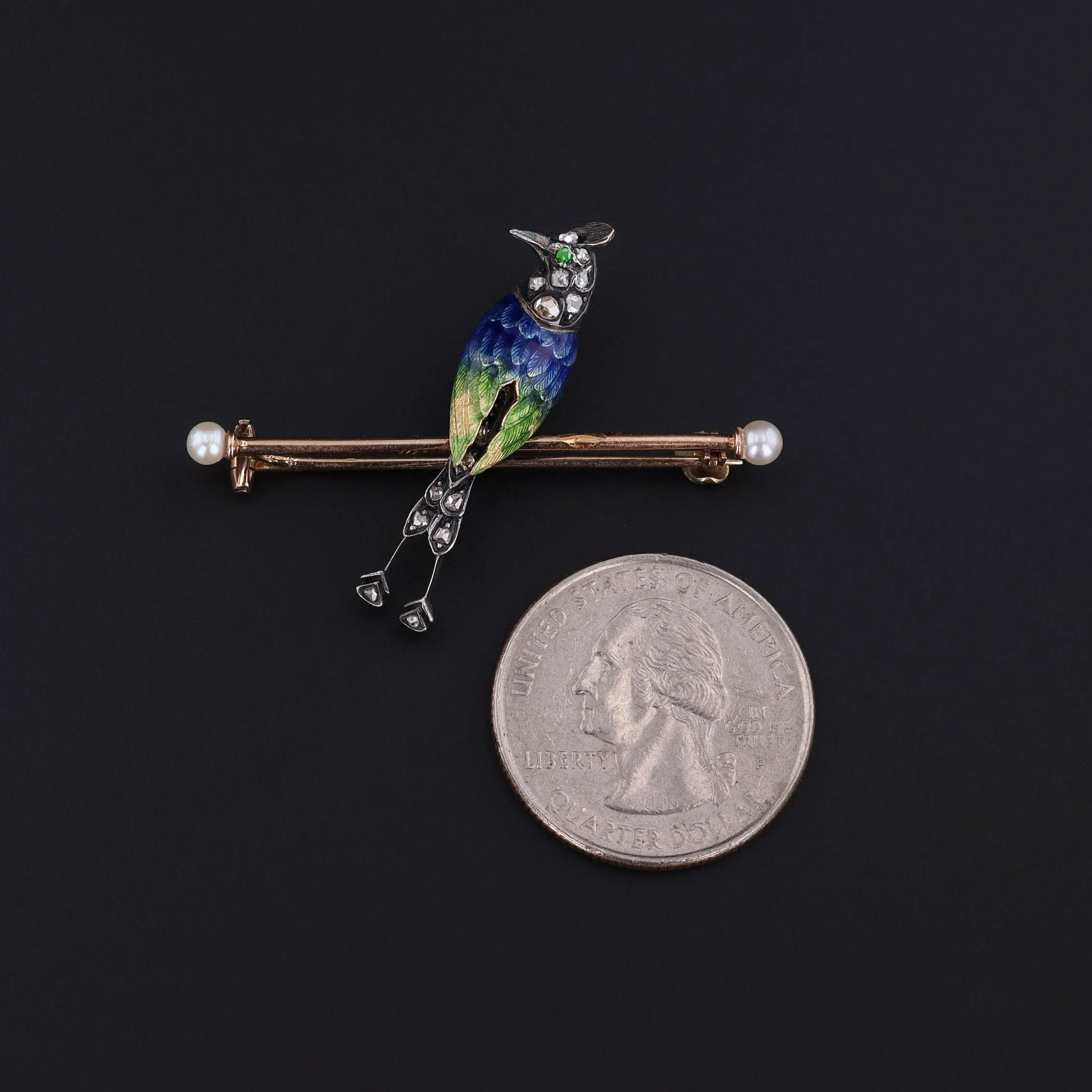 Antique Enamel Diamond & Pearl Bird Brooch