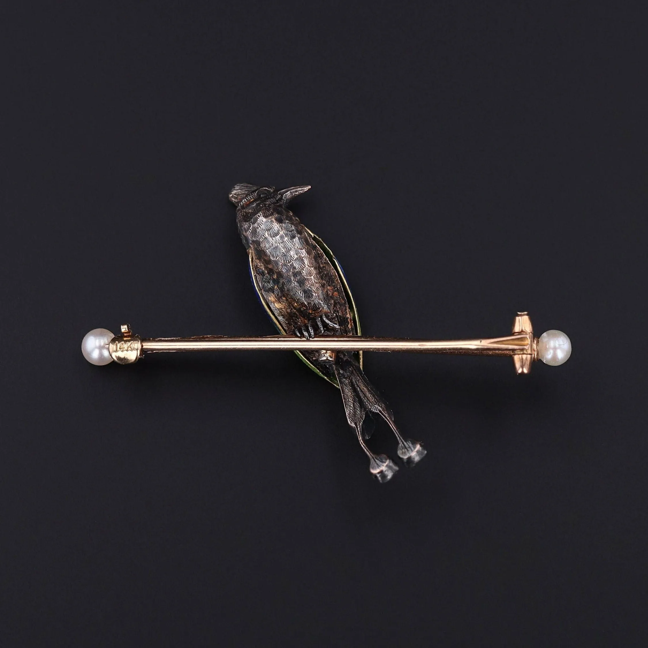 Antique Enamel Diamond & Pearl Bird Brooch