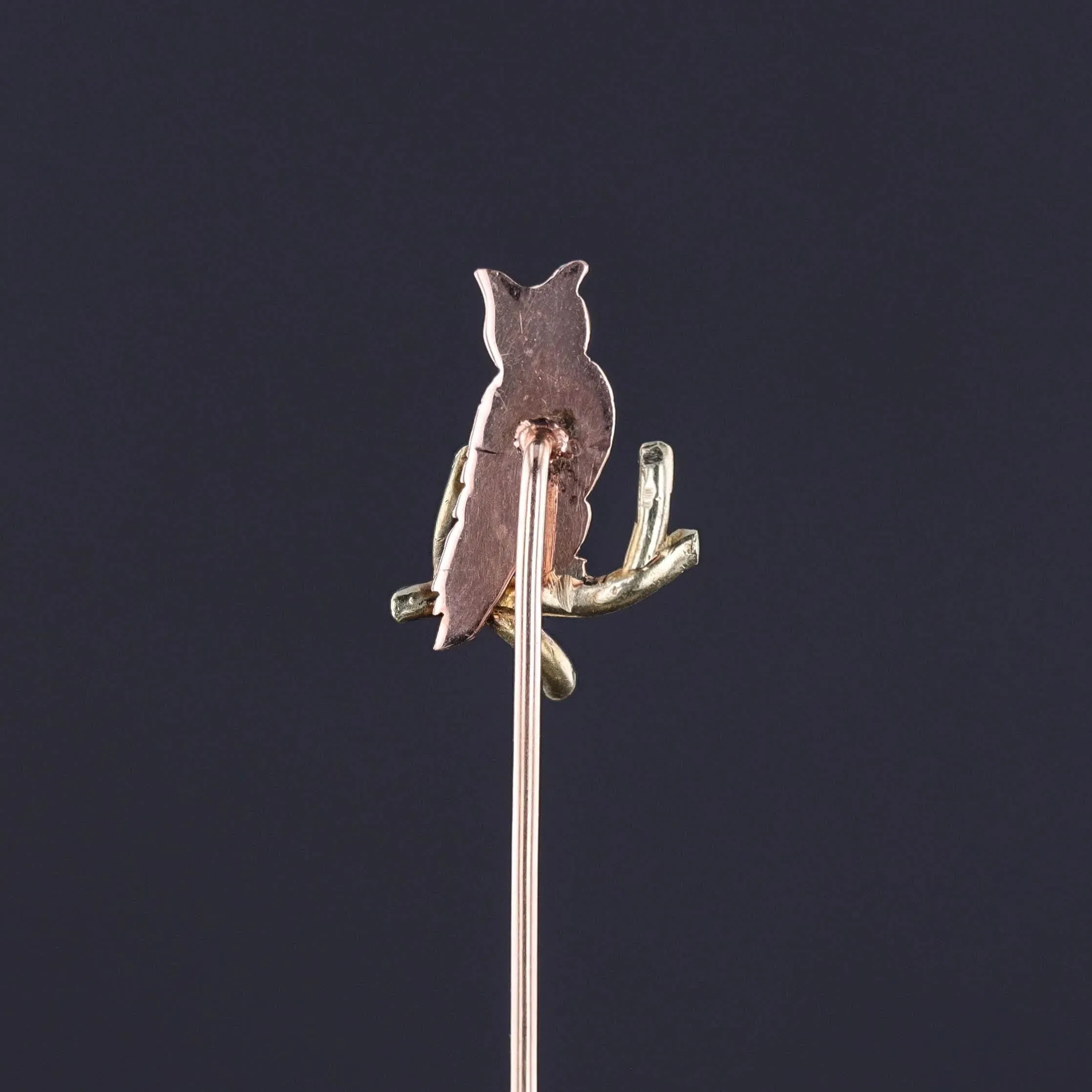 Antique Owl Stickpin of 14k Rose and Yellow Gold