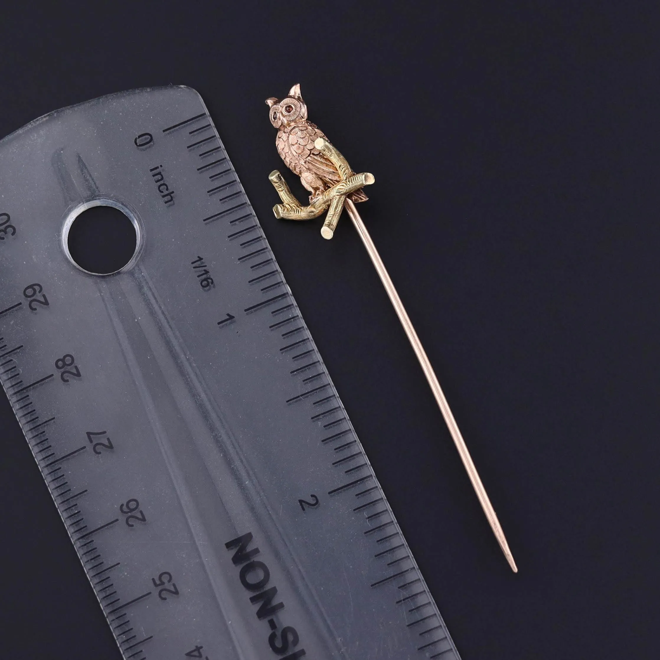 Antique Owl Stickpin of 14k Rose and Yellow Gold