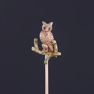 Antique Owl Stickpin of 14k Rose and Yellow Gold