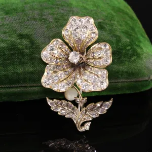 Antique Victorian 18K Yellow Gold Old Mine Diamond En Tremblant Flower Pin