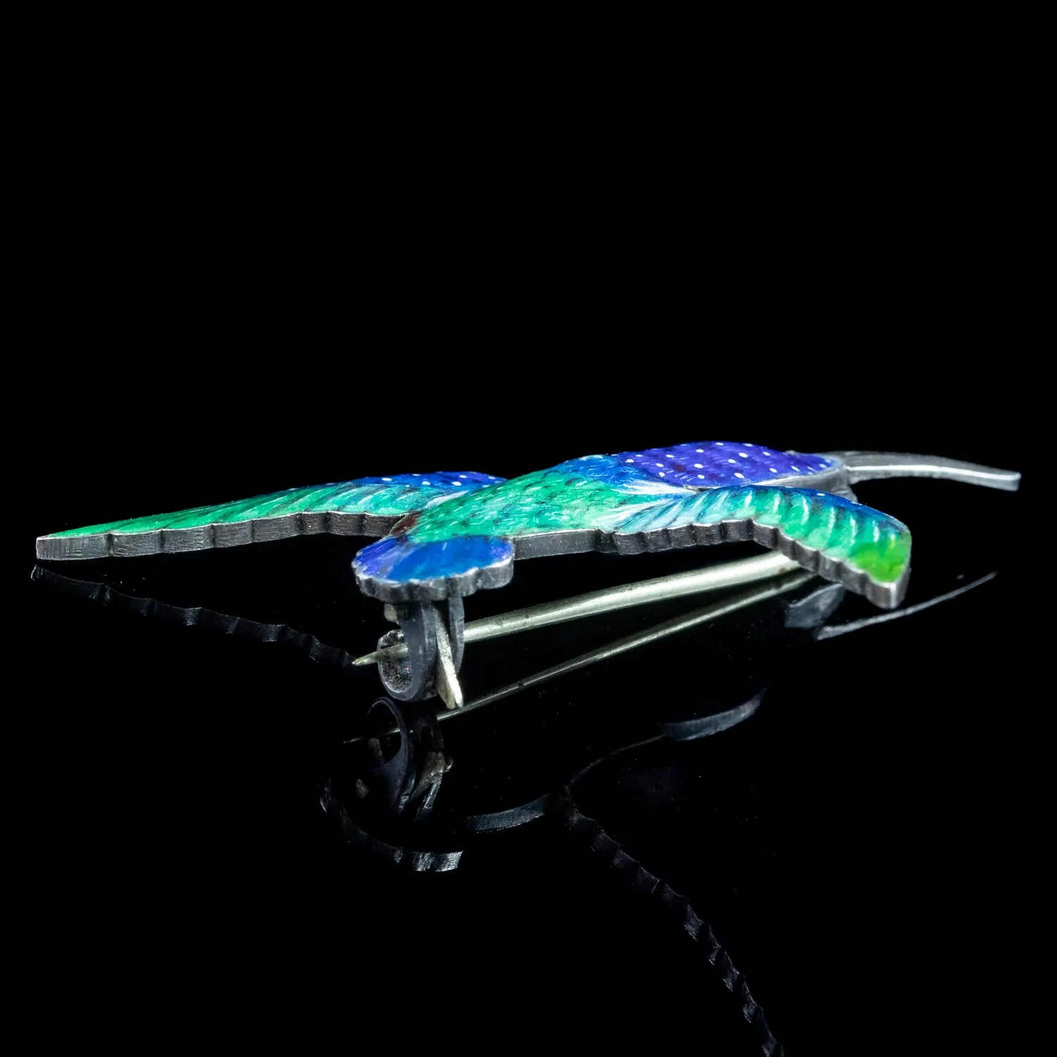 Antique Victorian Guilloche Enamel Kingfisher Brooch Silver