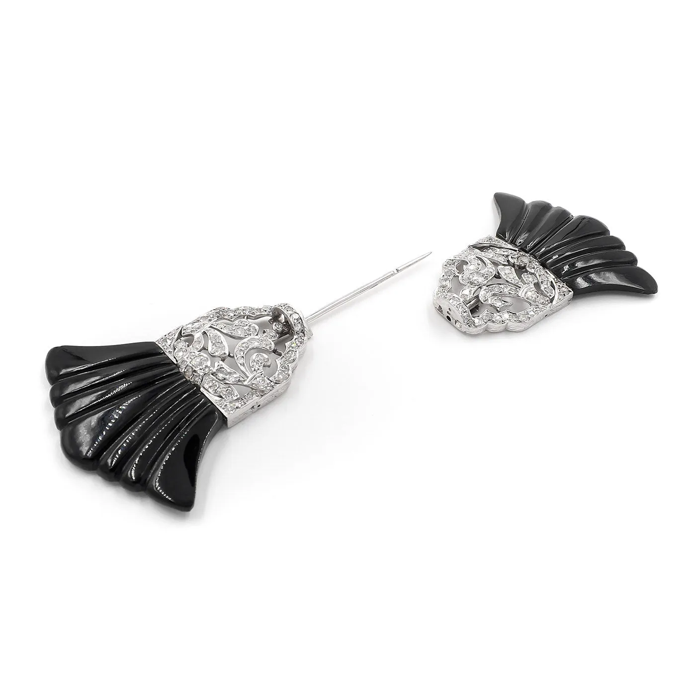 Art Deco Carved Onyx & Diamond Jabot Brooch