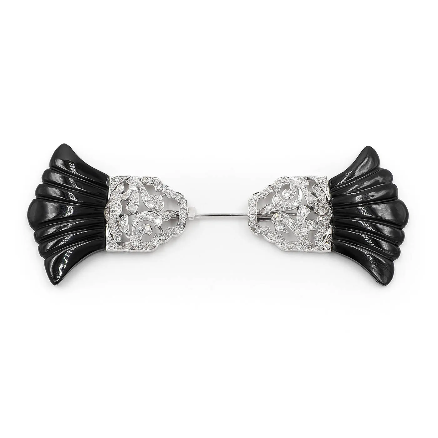 Art Deco Carved Onyx & Diamond Jabot Brooch