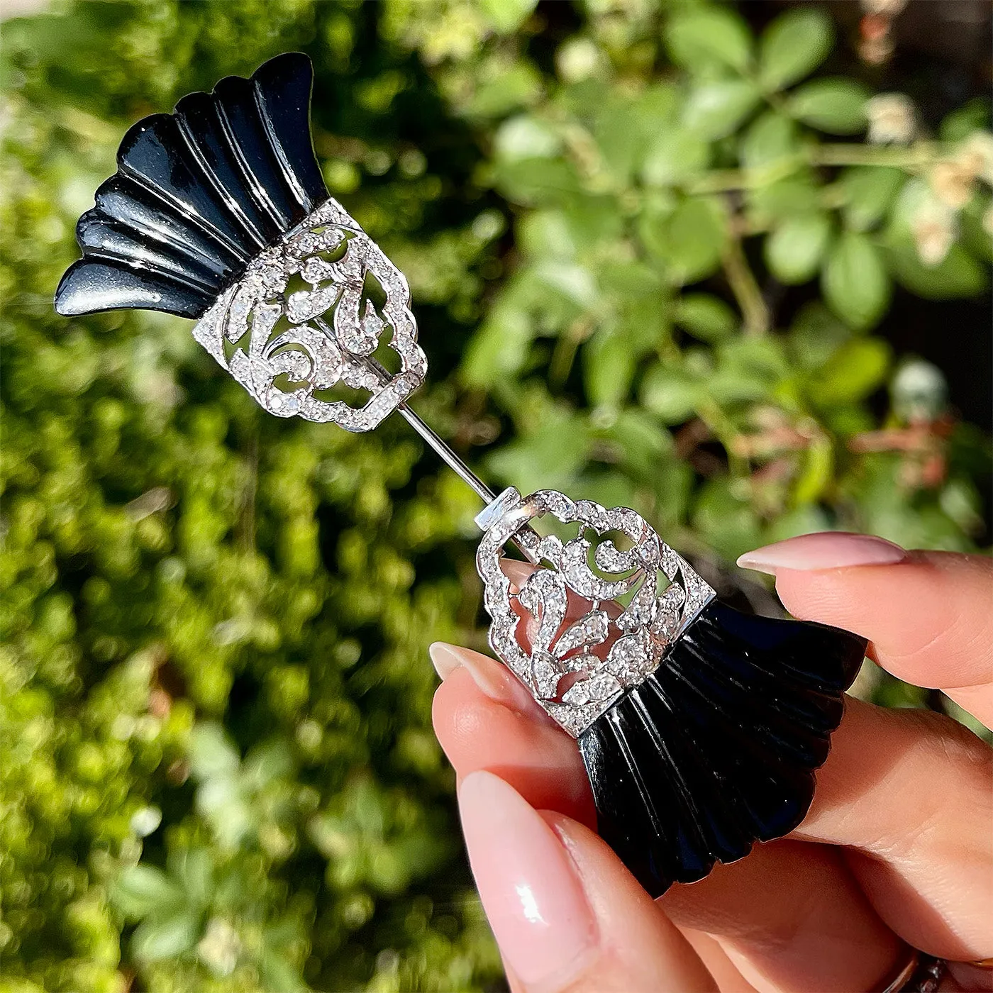 Art Deco Carved Onyx & Diamond Jabot Brooch