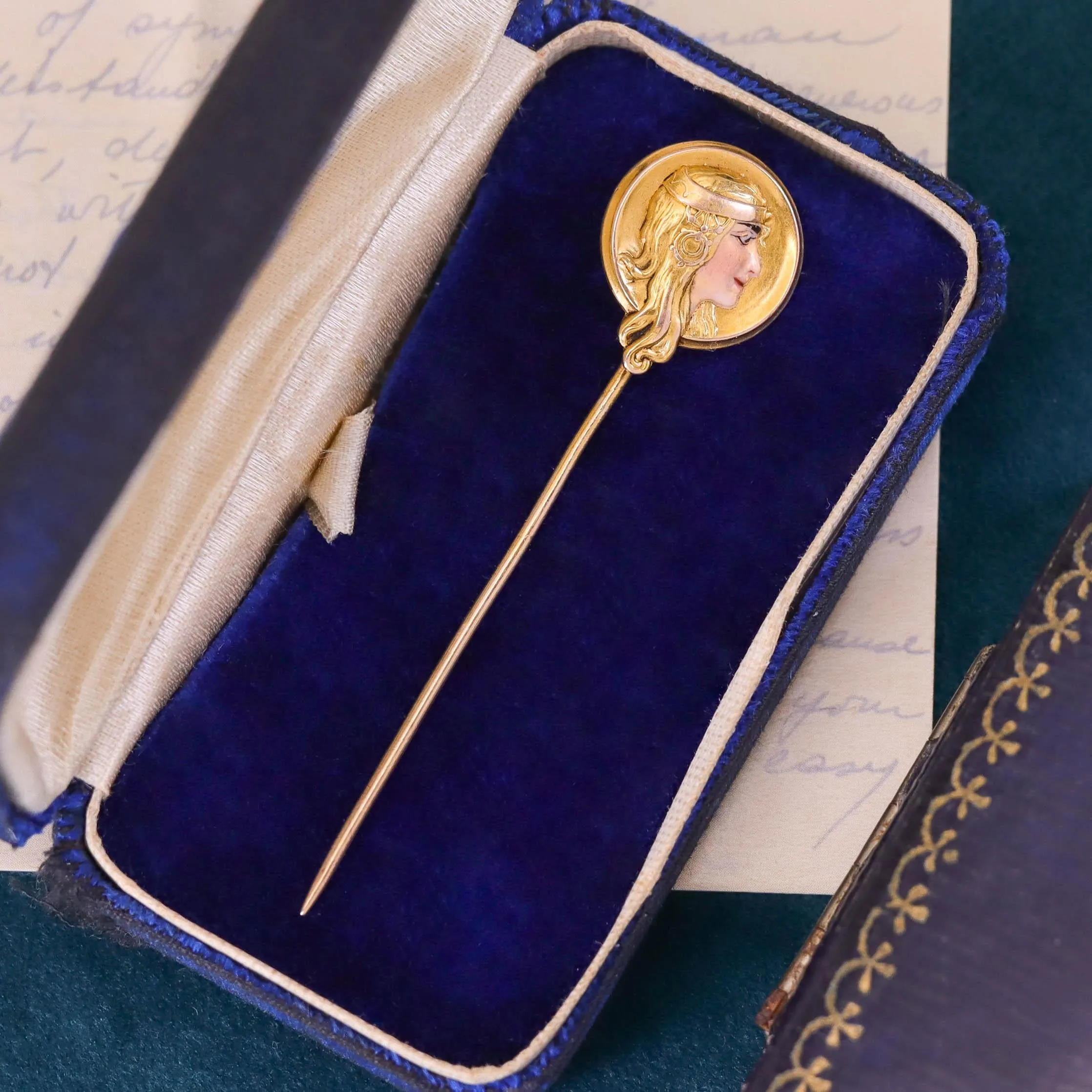 Art Nouveau Enamel Woman Stickpin of 14k Gold