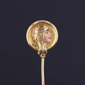 Art Nouveau Enamel Woman Stickpin of 14k Gold