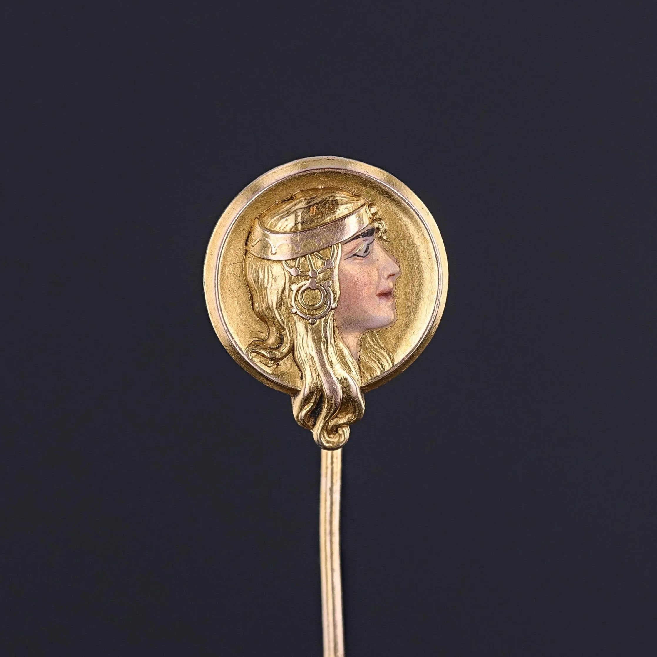 Art Nouveau Enamel Woman Stickpin of 14k Gold