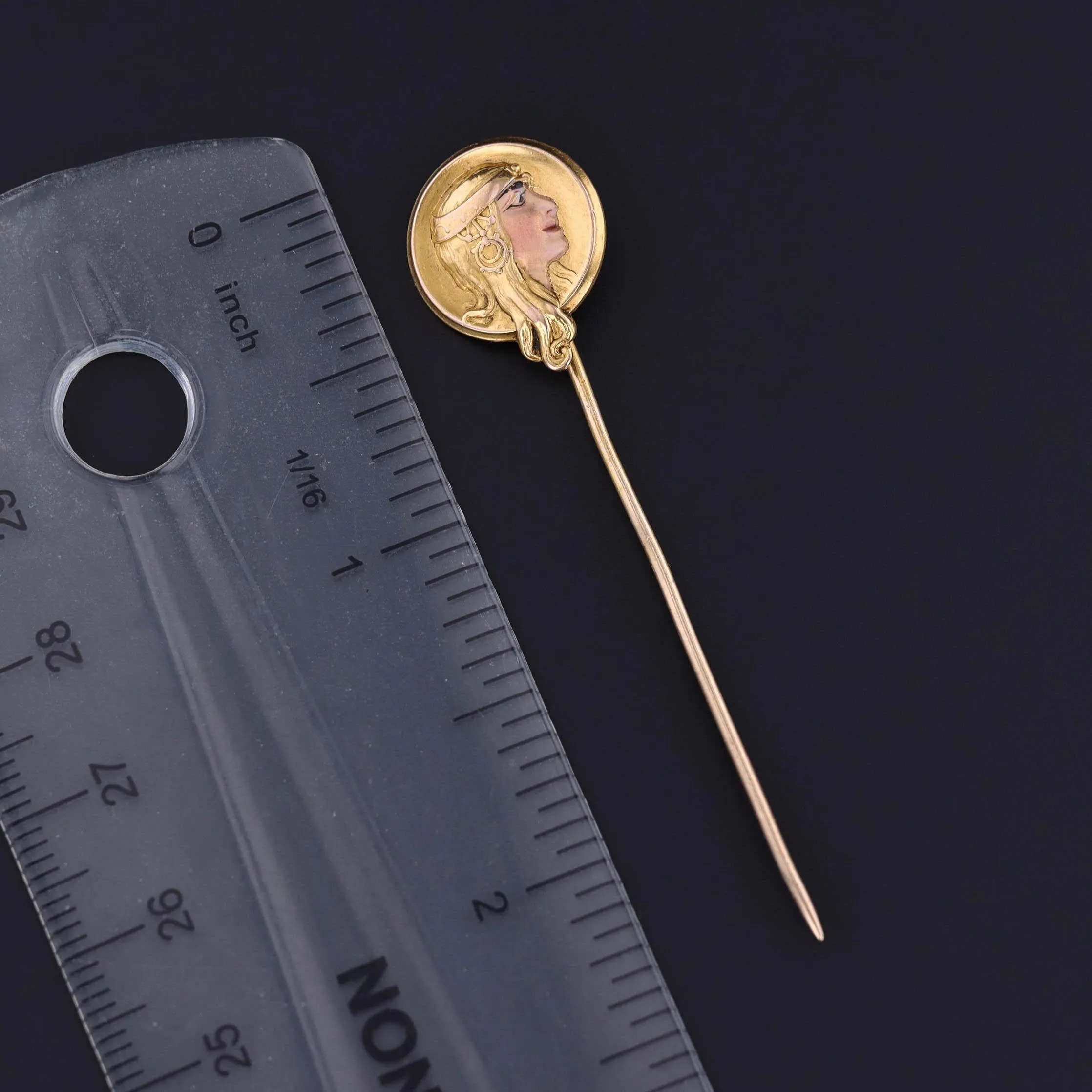Art Nouveau Enamel Woman Stickpin of 14k Gold