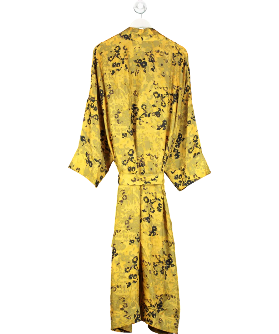 Asceno Yellow Athens Belted Floral Print Silk Robe UK S/M