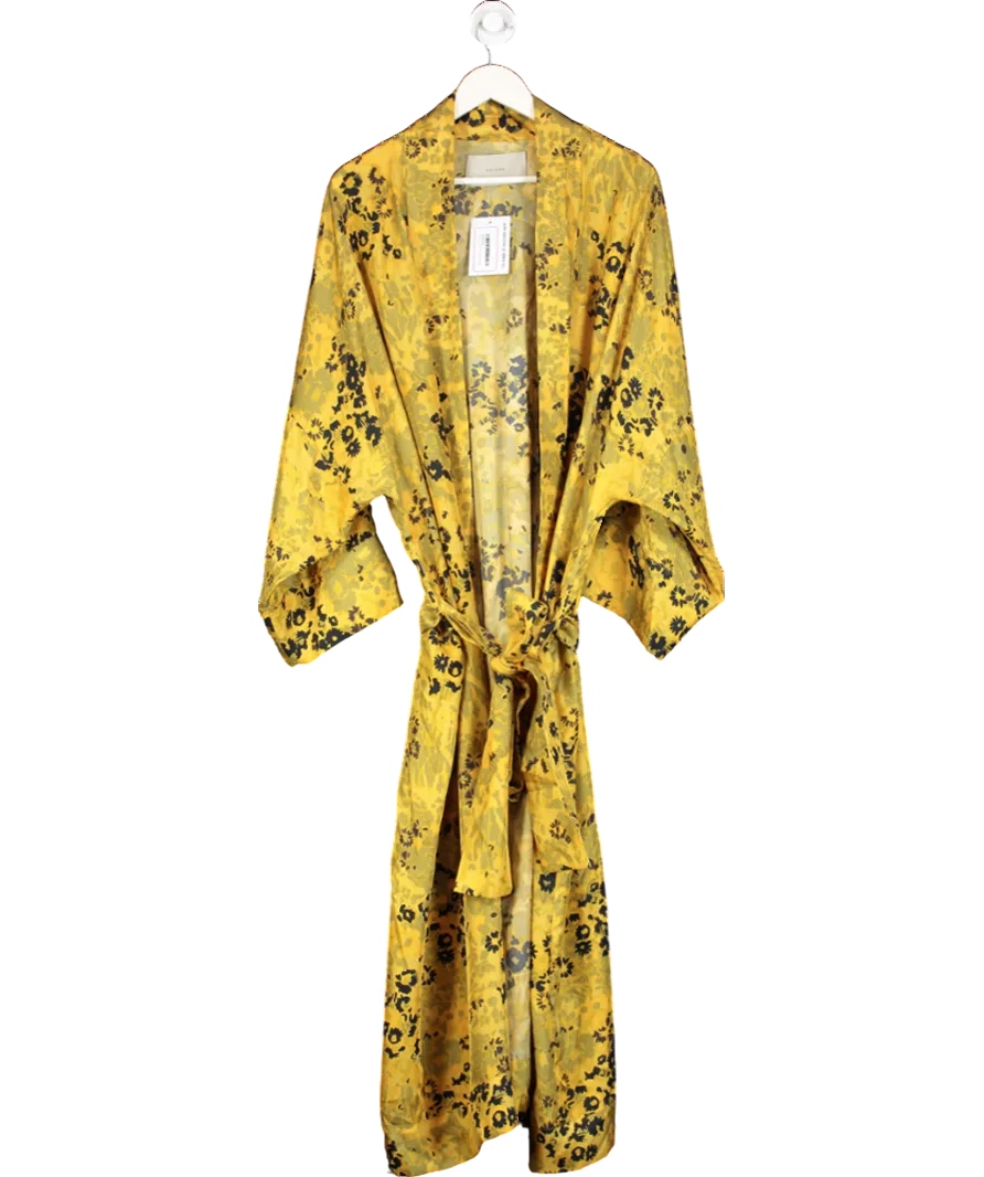 Asceno Yellow Athens Belted Floral Print Silk Robe UK S/M