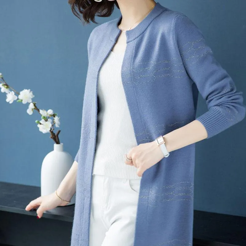 Autumn and Winter Long Loose Sweater Bright Silk Round Neck Woolen Coat Casual Simple Middle-aged Women's Jacket