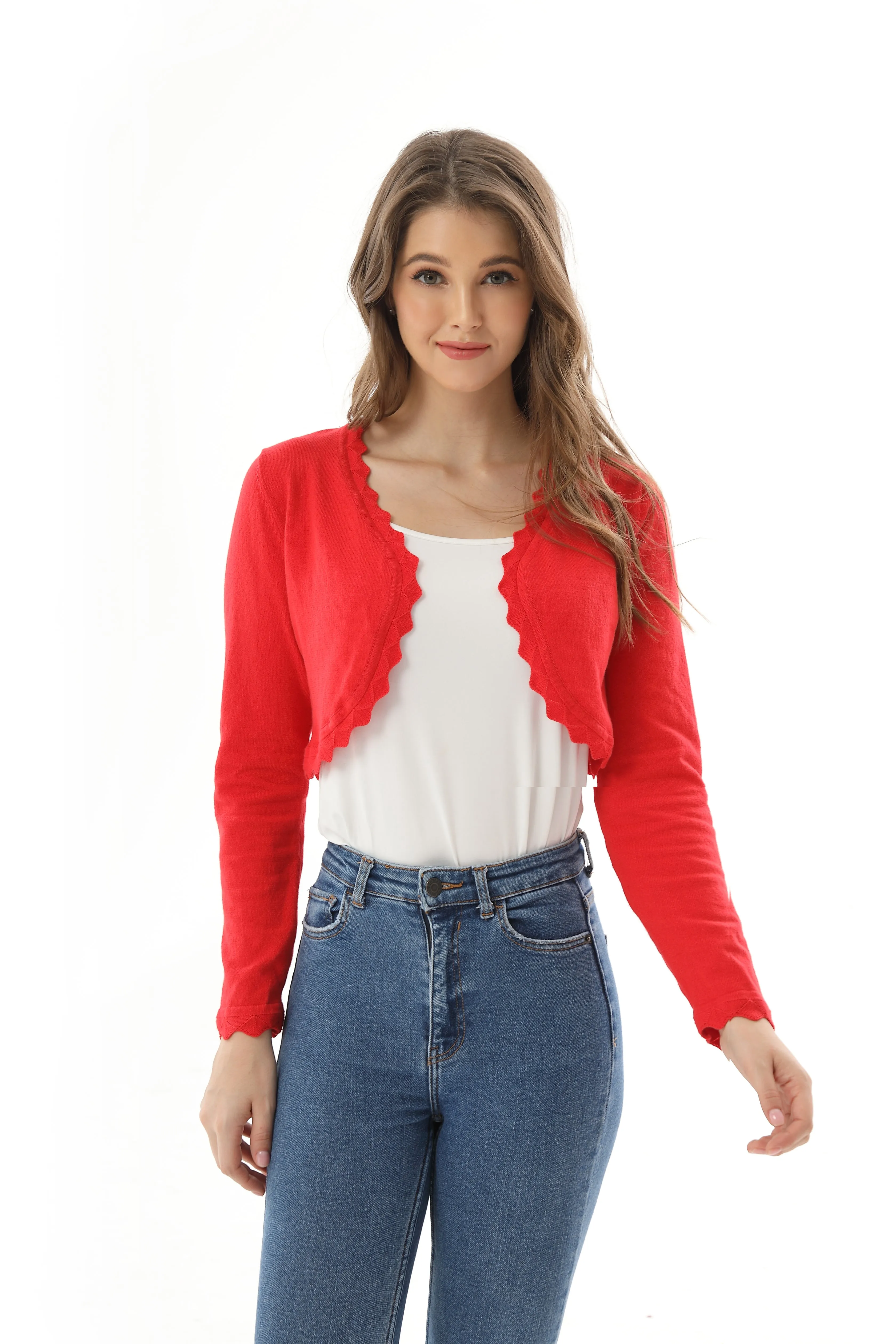 Autumn New Women's Open Front Long Sleeve Cropped Cardigans Shrug Shoulder Bolero Sweater