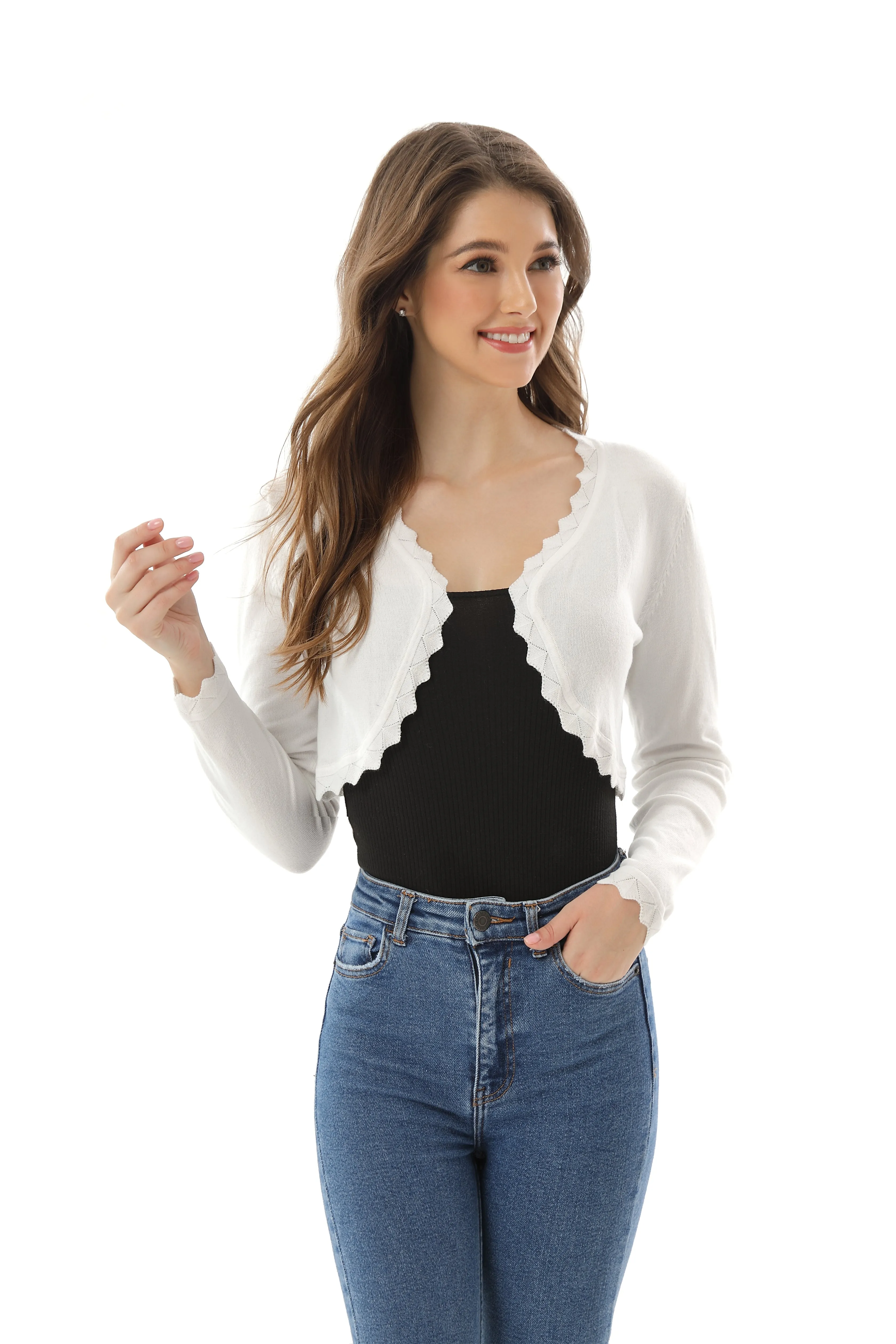 Autumn New Women's Open Front Long Sleeve Cropped Cardigans Shrug Shoulder Bolero Sweater