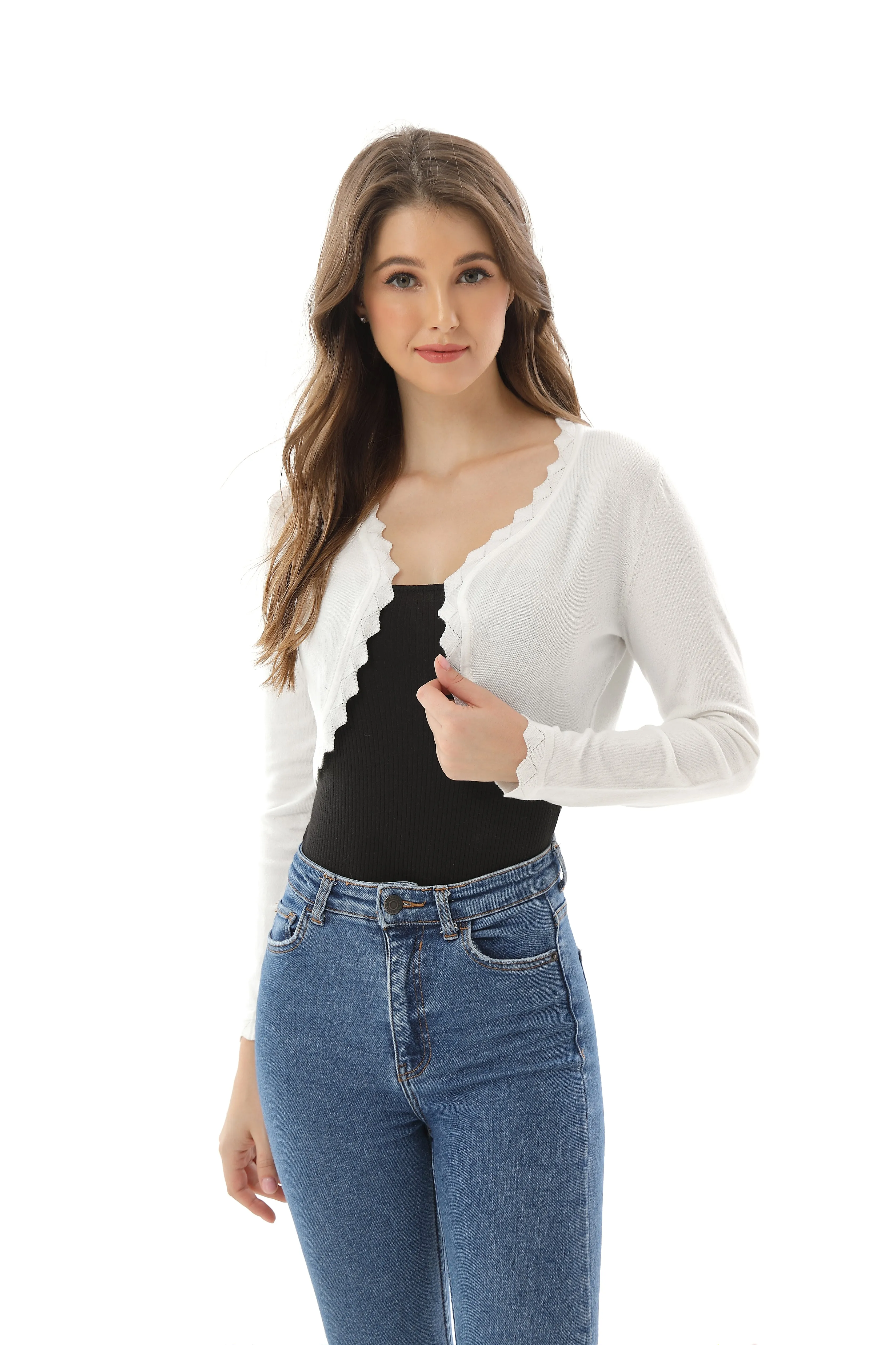 Autumn New Women's Open Front Long Sleeve Cropped Cardigans Shrug Shoulder Bolero Sweater