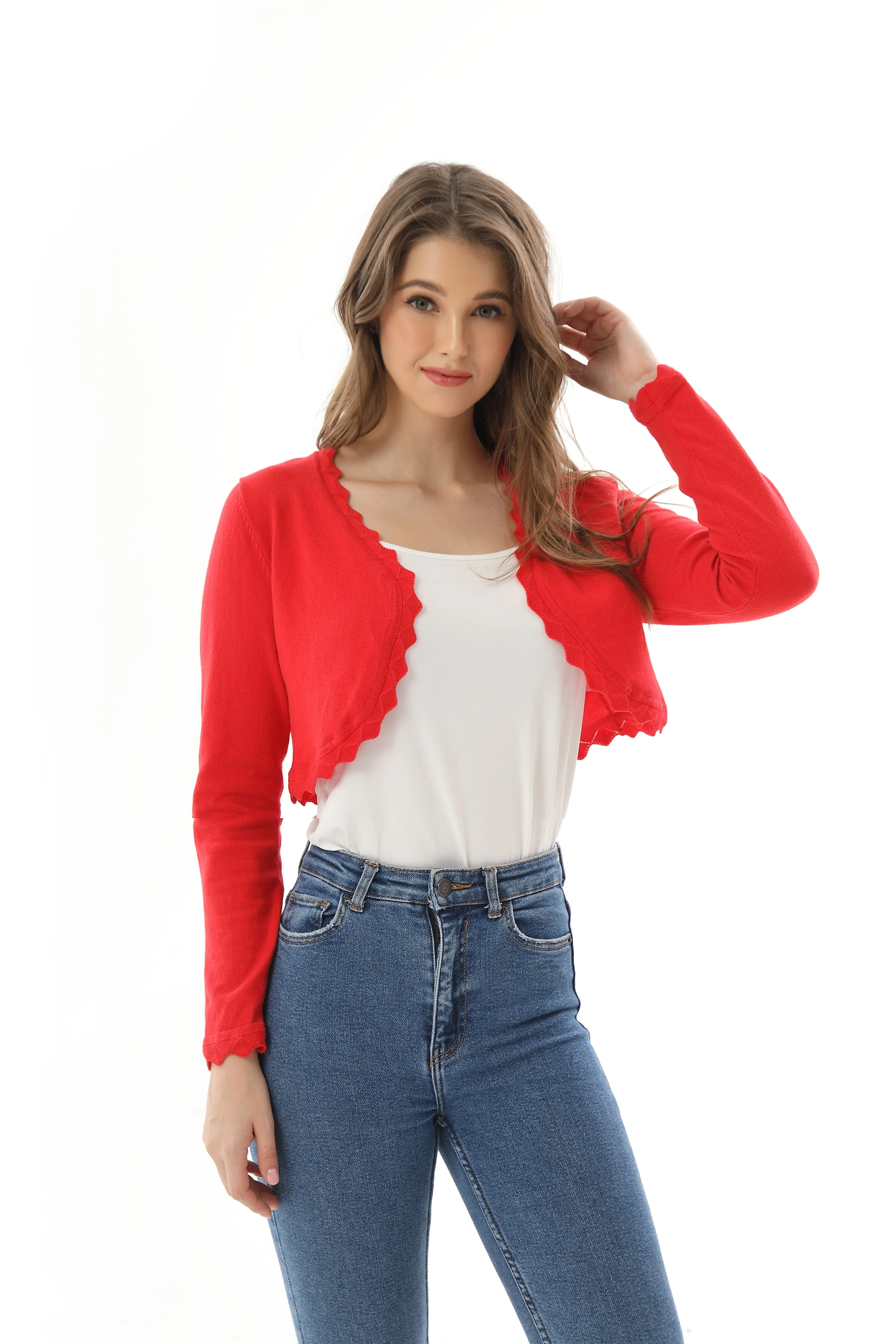 Autumn New Women's Open Front Long Sleeve Cropped Cardigans Shrug Shoulder Bolero Sweater