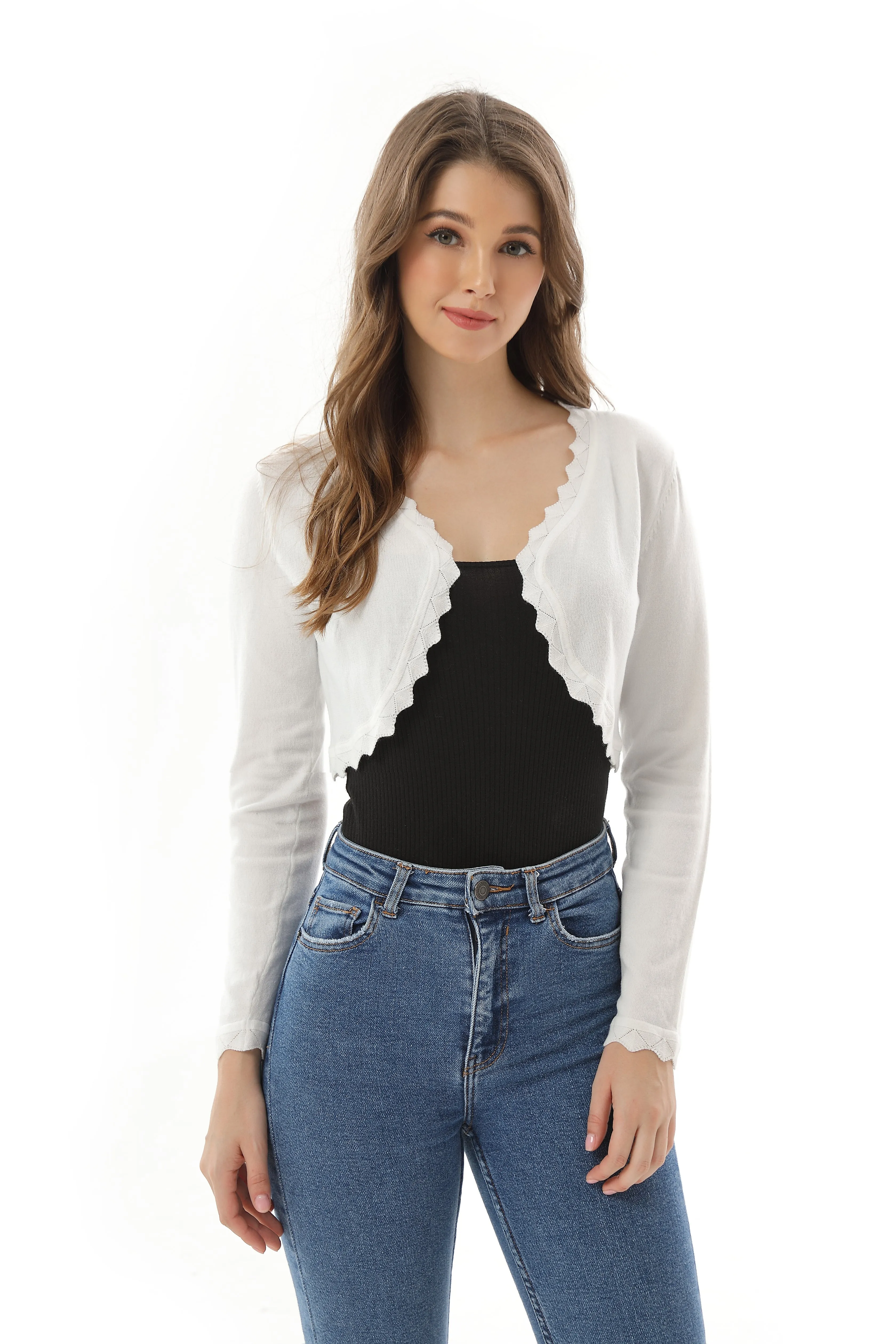 Autumn New Women's Open Front Long Sleeve Cropped Cardigans Shrug Shoulder Bolero Sweater