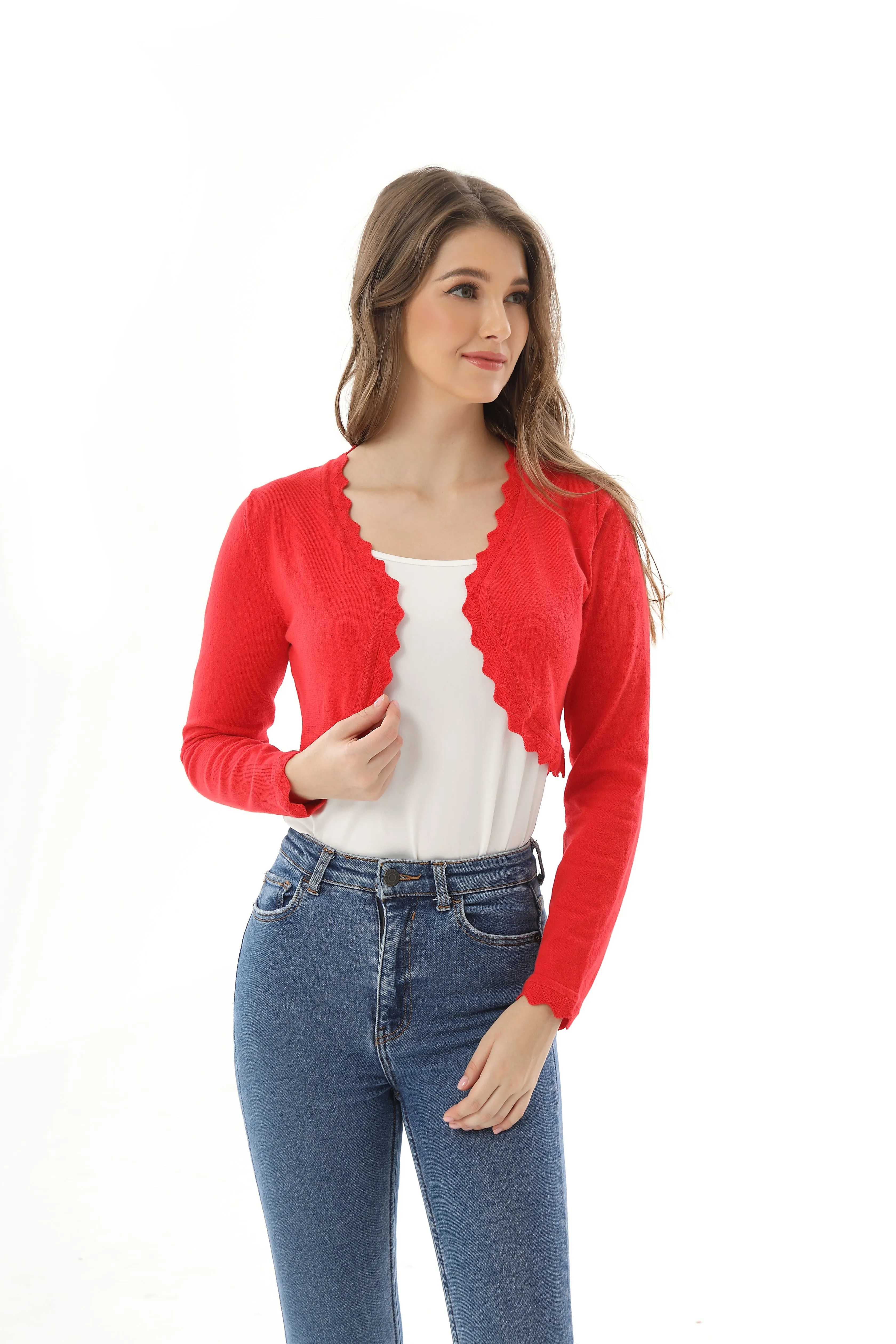 Autumn New Women's Open Front Long Sleeve Cropped Cardigans Shrug Shoulder Bolero Sweater