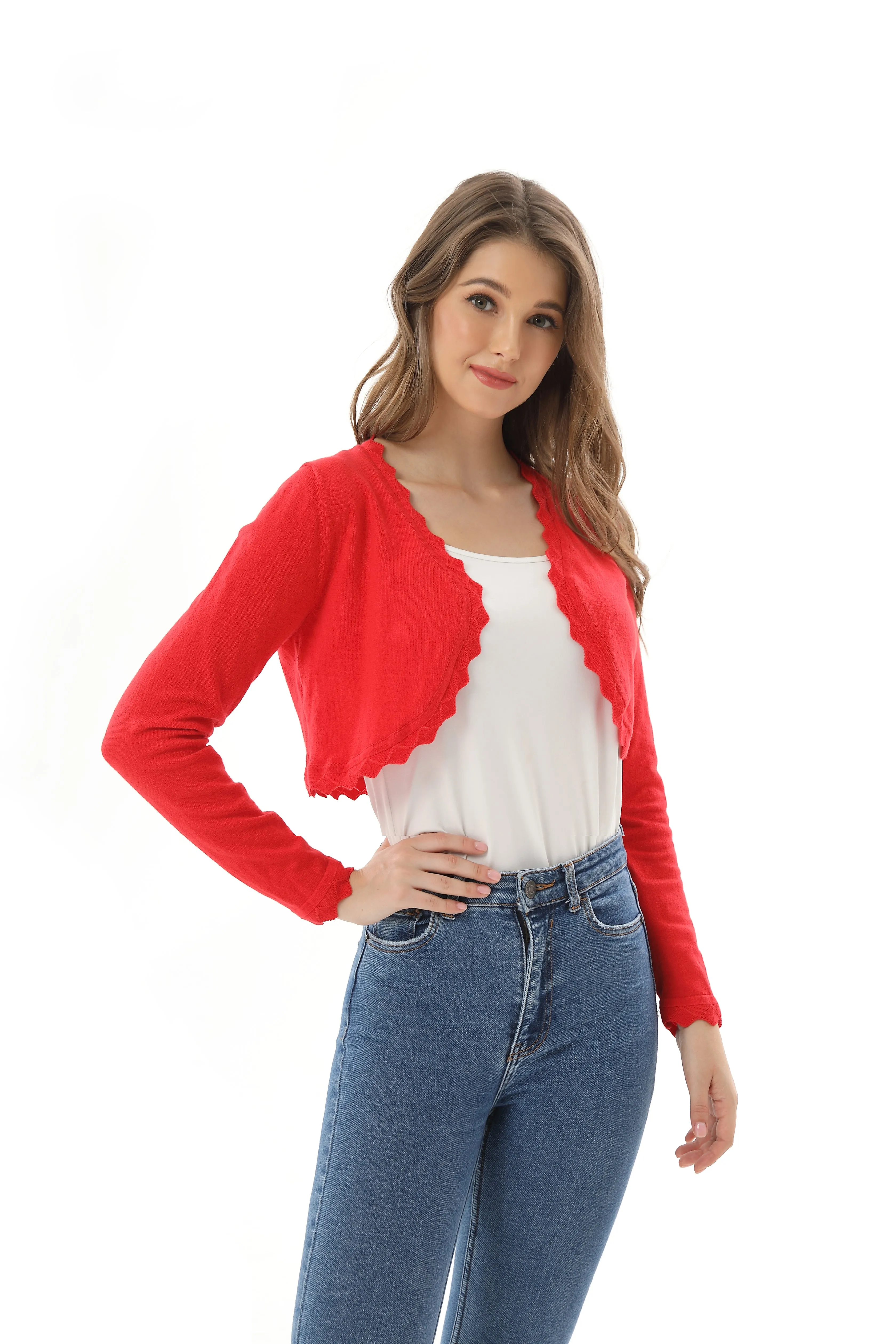 Autumn New Women's Open Front Long Sleeve Cropped Cardigans Shrug Shoulder Bolero Sweater