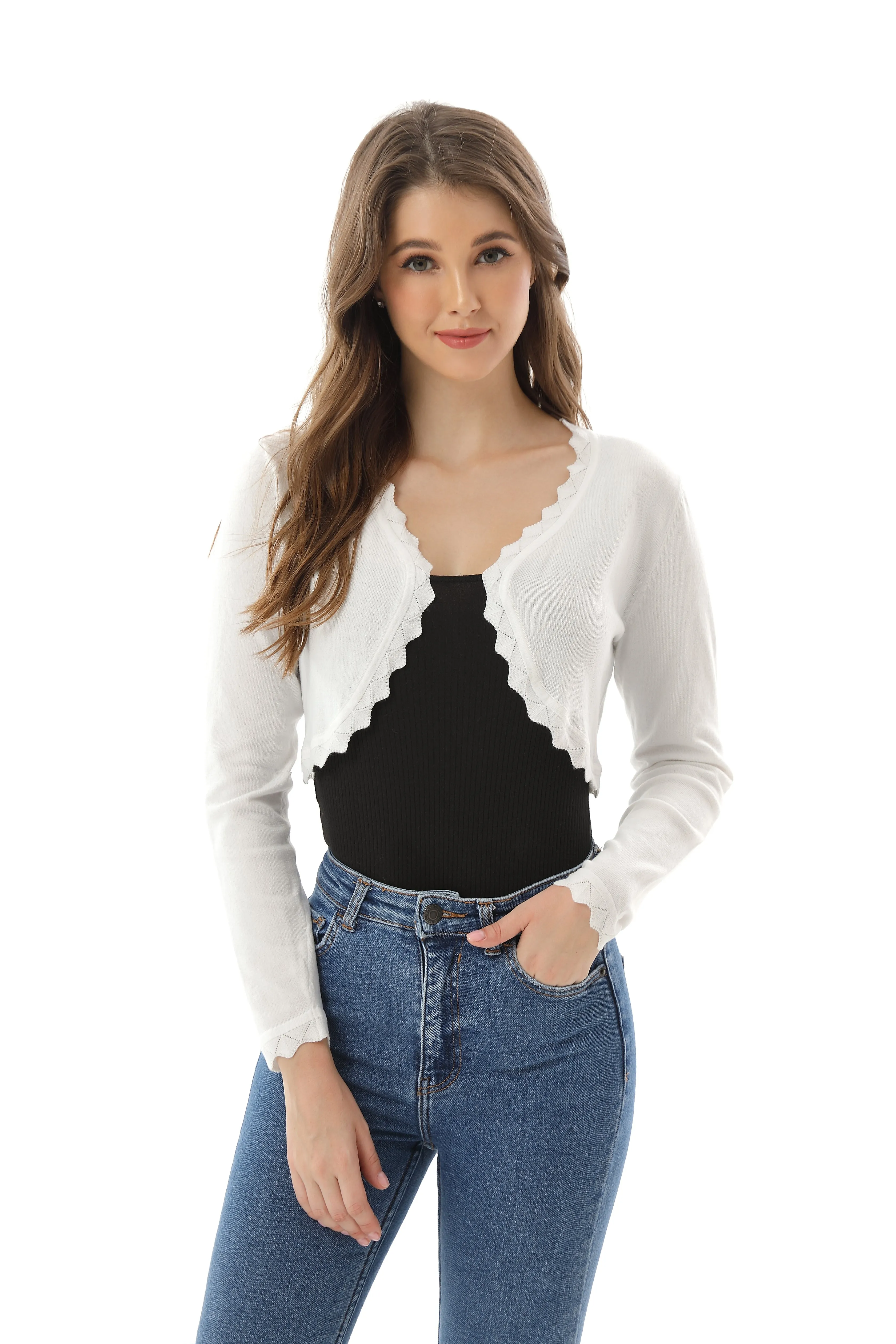 Autumn New Women's Open Front Long Sleeve Cropped Cardigans Shrug Shoulder Bolero Sweater