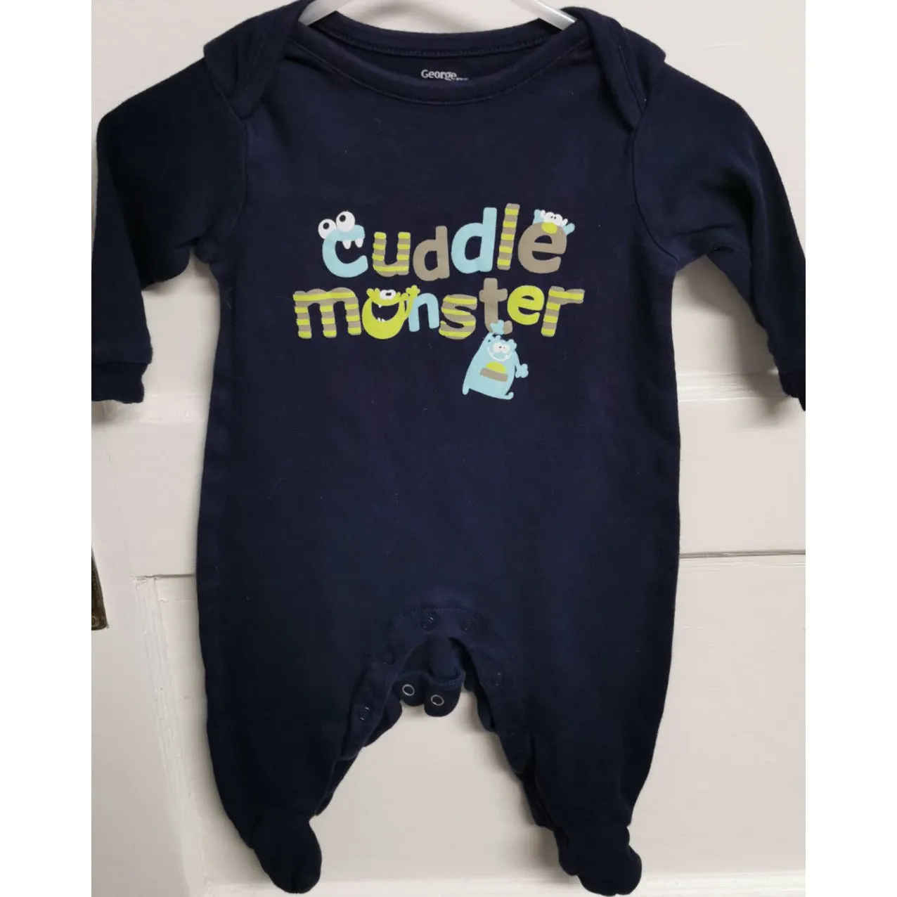 BABY BOY SIZE 0/3 MONTHS - GEORGE, Navy Blue Cuddle Monster Cotton Onesie Sleeper EUC B33