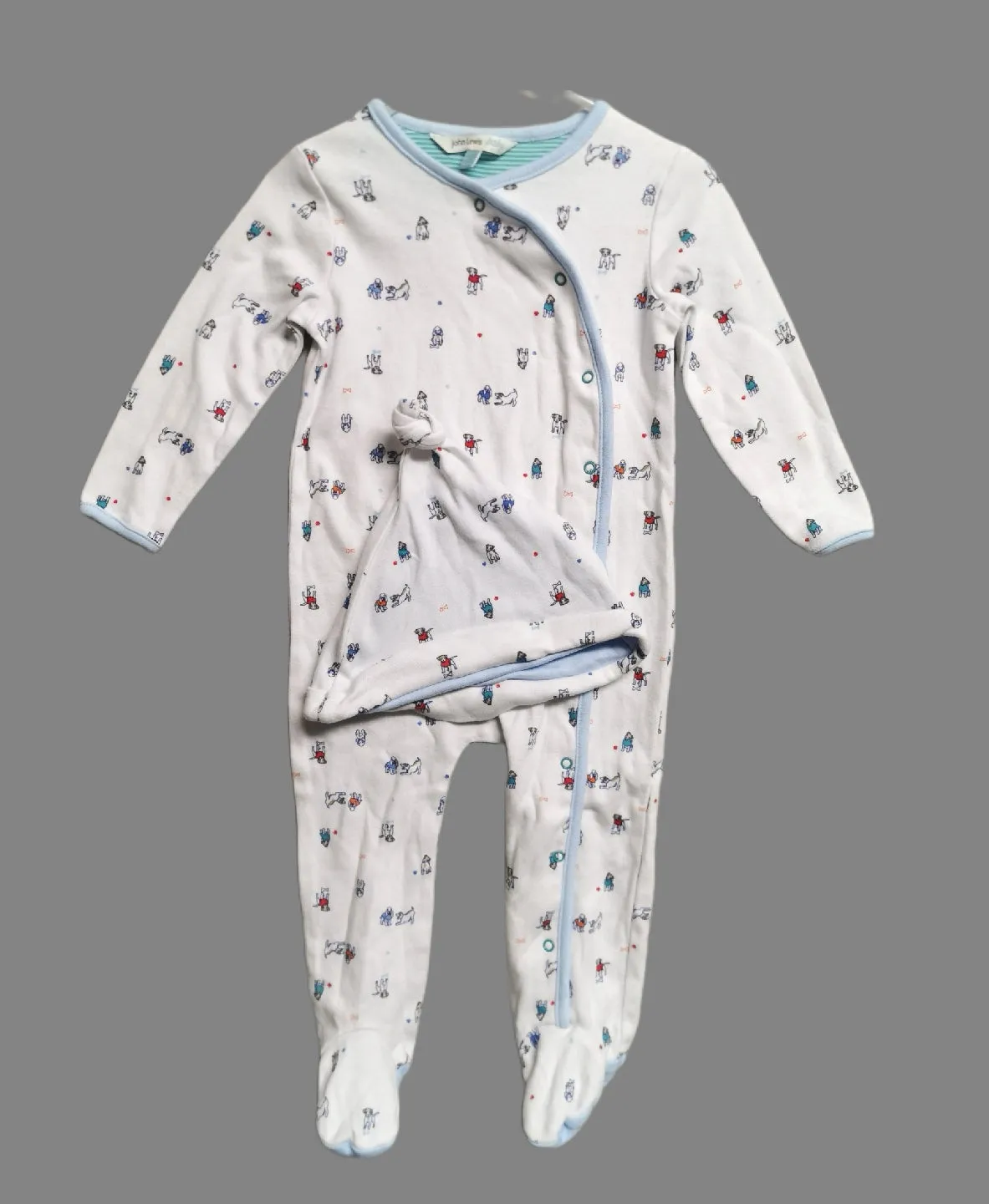 BABY BOY SIZE 12/18 MONTHS - JOHN LEWIS, Soft Sleep & Play Onesie / Matching Hat EUC B33