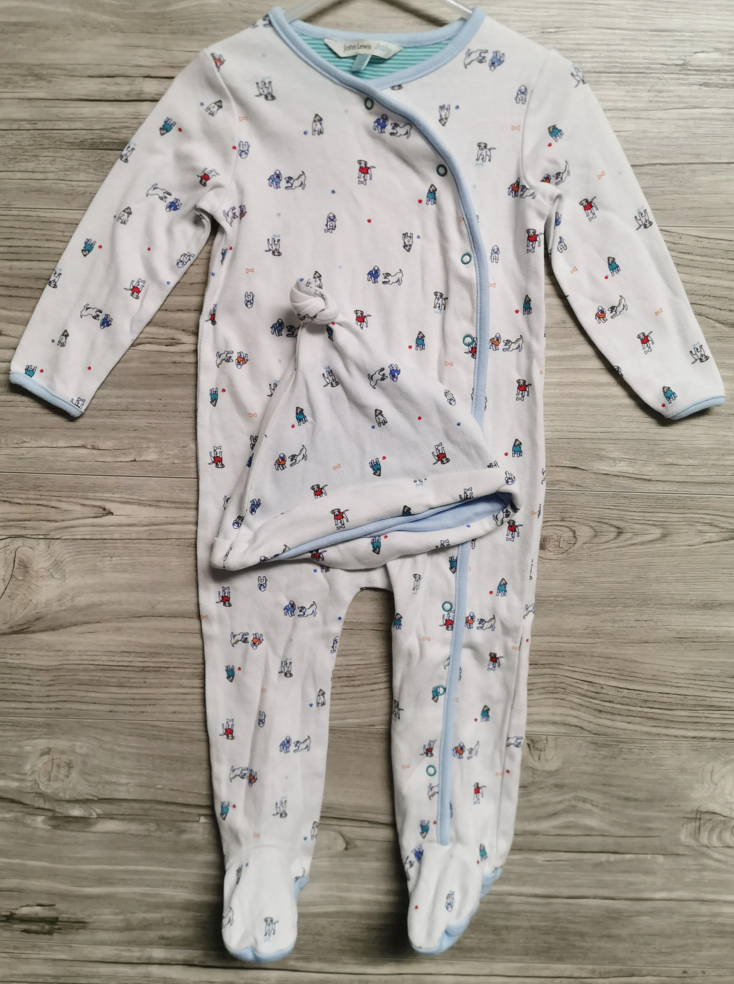 BABY BOY SIZE 12/18 MONTHS - JOHN LEWIS, Soft Sleep & Play Onesie / Matching Hat EUC B33