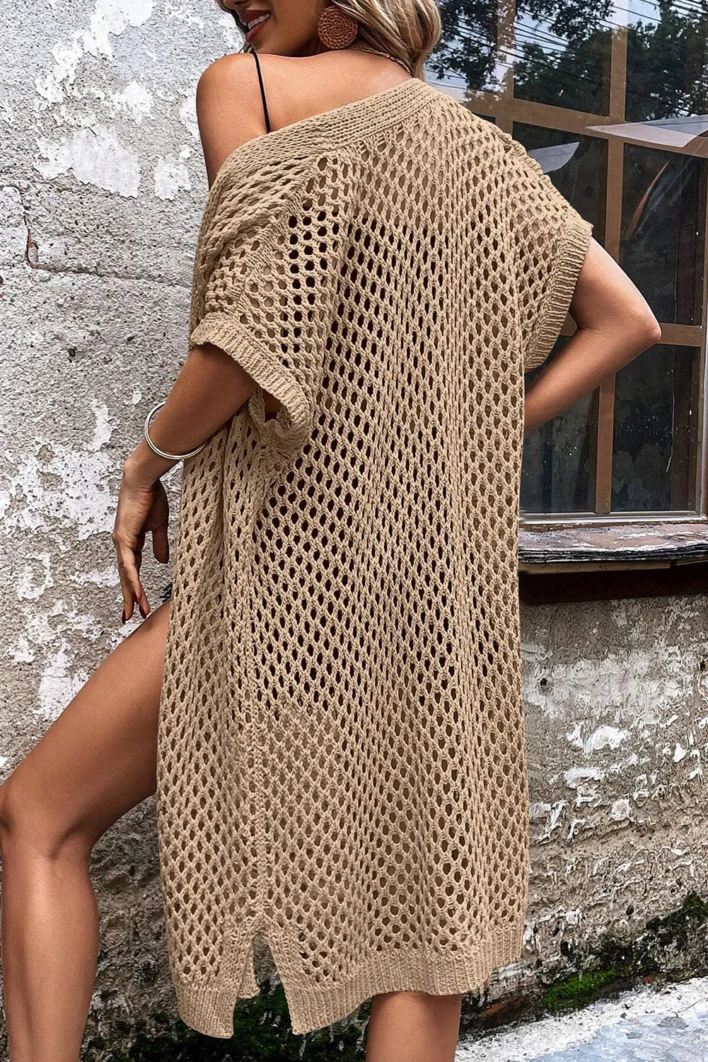 Batwing Sleeve Pointelle Knit Open Front Cardigan