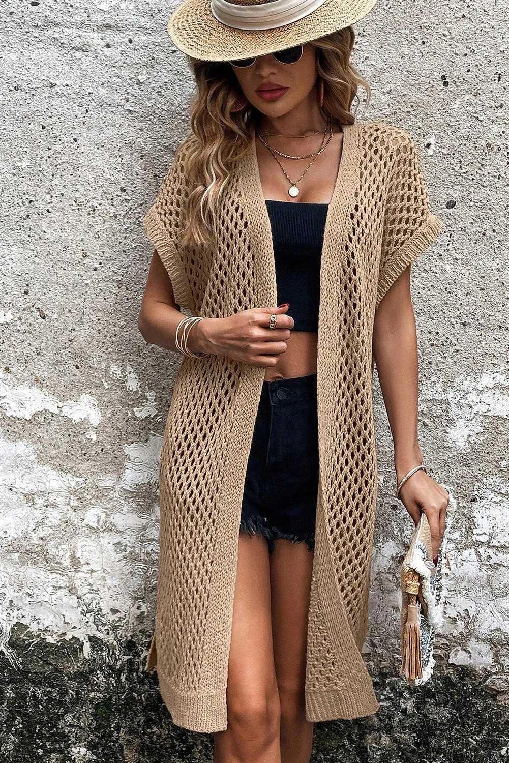 Batwing Sleeve Pointelle Knit Open Front Cardigan